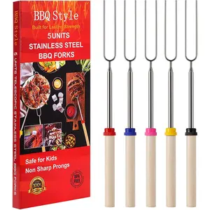 Marshmallow Roasting Sticks, Telescoping Smores Sticks for Open Fire Pit, 32 Inch Long Marshmallow Toasting Barbecue Forks S’mores Skewers for Campfire Camping Hot Dog Bonfire Grill, 5 Pack