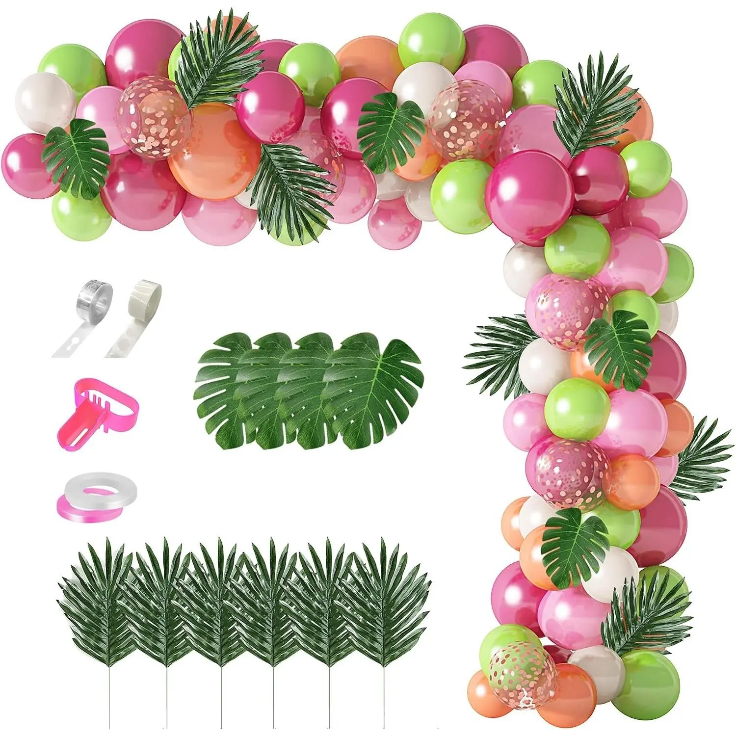 117Pcs Tropical Balloons Arch Garland Kit, Hot Pink Green Rose Gold Confetti Balloons Palm Leaves & 5Tools for Tropical Hawaii Aloha Luau Flamingo Theme Birthday Party Baby Shower Wedding Decorations