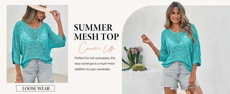 Imily Bela Womens Crochet Cover Up Top Summer 3/4 Sleeve Off Shoulder Sweater Shirts Mesh Boho Beach Swimsuit Coverup