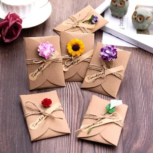 Vintage 3D Design Kraft Paper Envelopes with Flower Accent (Set of 5) - Elegant Art Gift Card Envelopes for Wedding Invitations, Party Supplies