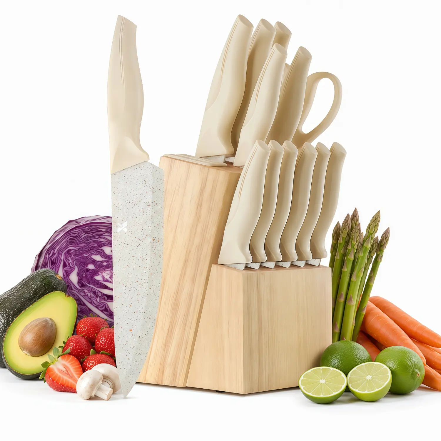 14-Piece Self-Sharpening Stainless Steel Kitchen Knife Set with Block, Built-In Sharpener, ABS Anti-Slip Ergonomic Handles, Dishwasher Safe Cream Knives for Slicing and Cutting, Countertop Storage Solution