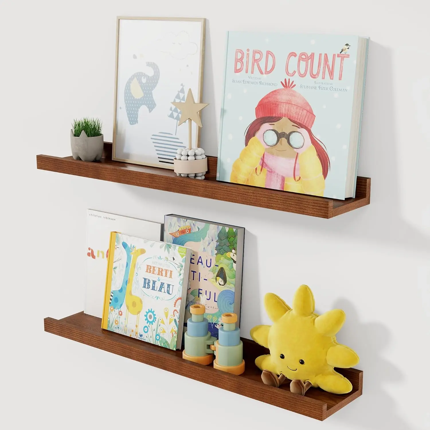 Acovy Solid Ash Wood Picture Ledge Shelf, 24 Inch Floating Shelves with Lip Set of 2, Photo Ledge Shelf Nursery Bookshelf Wall Mounted for Living Room Bedroom Decor, Walnut