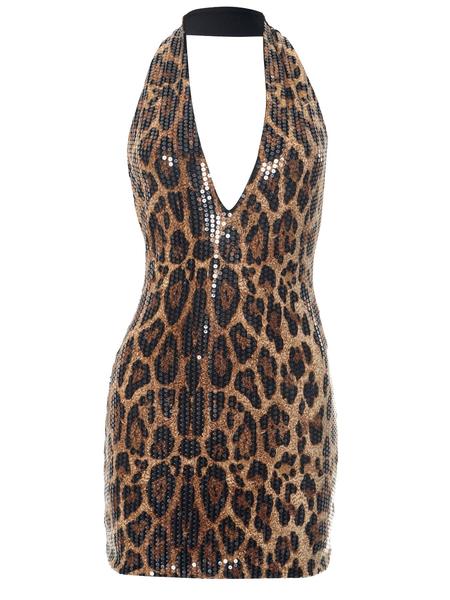 Women's Leopard Print Sequins Halter Dress, Fashion Casual Deep V Neck Backless Dress for Party Club Dating Wear, Women Dress for Summer, Womenswear