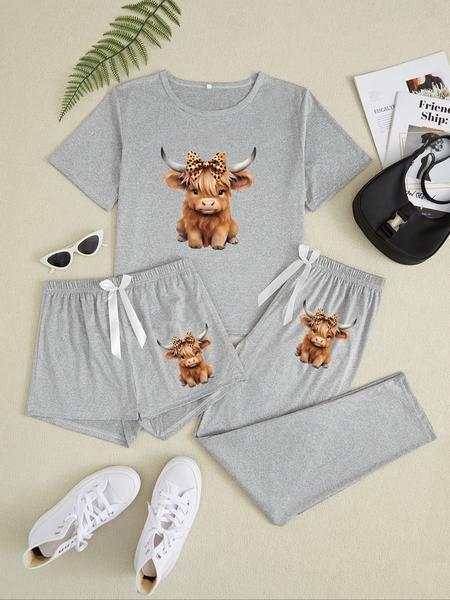 Cartoon Highland Cow Print Women's Pajama Sets, Casual All Seasons Nightwear, Fitted Knitted Fabric Sleepwear