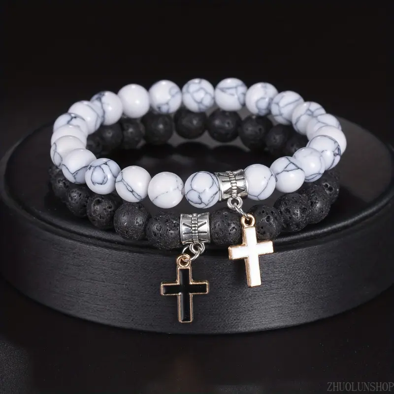 2-Piece Couples Matching  Set with Religious Cross Charm, 8mm Turquoise & Volcanic Stone Stretch Beads, Valentine Gifts for Men & Women, Matching Pairs, Religious Motif, Stretch  gold-plated trendy luck  san tadeo  jesus dainty jewelry artificial crystal
