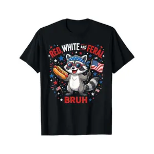 Red White And Feral Bruh Funny Raccoon 4Th of July Patriotic T Shirt for Men Casual Short Sleeve Crew Neck Tee Super Soft Summer Tee Graduation Season Father's Day Gift Independence Day GiT Shirt Black Short Sleeve Crew Neck Tee for Men Design
