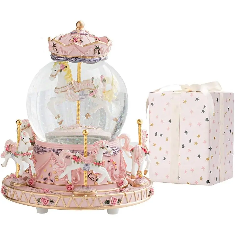 -Wrapped with Ribbon Musical Snow Globe Carousel  Box Color Lights Horses Unicorn Decor Gifts  Girls and Daughter Granddaughter Niece Women  Christmas Birthday