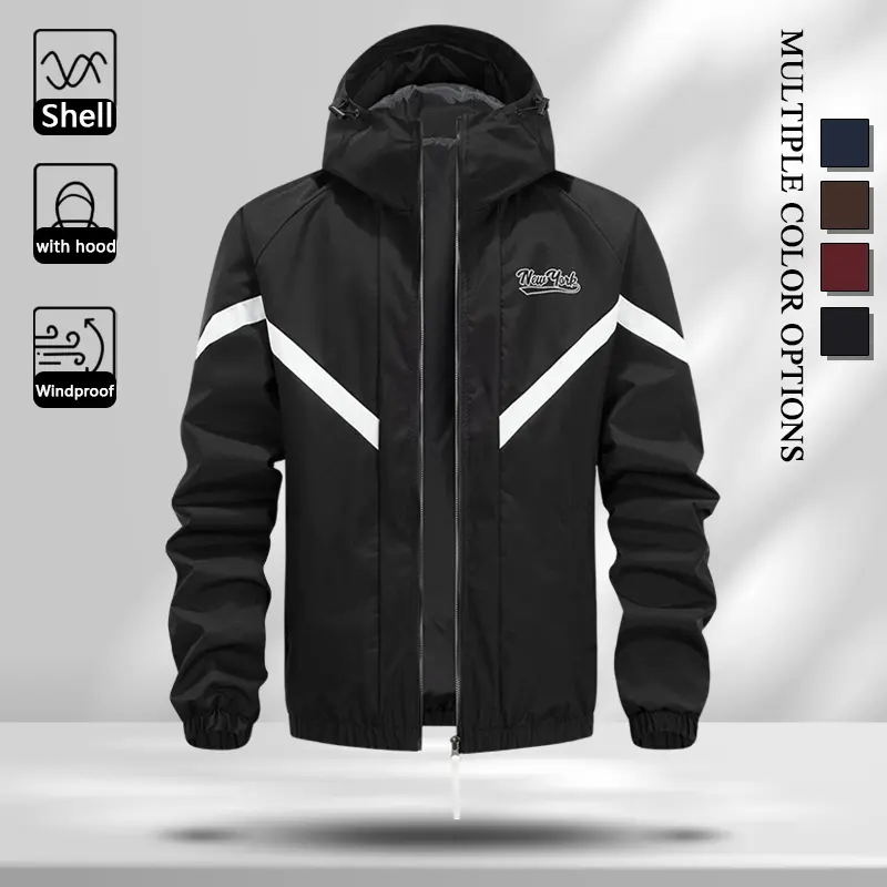 Wind Resistant Durable Men Hooded Zip Jacket, Fashion Chevron Contrast Stripe Outer Coat with Adjustable Hood Drawstring & Zipper Storage Pockets, Comfort Loose Windproof Outerwear for All Seasons Commute Camping