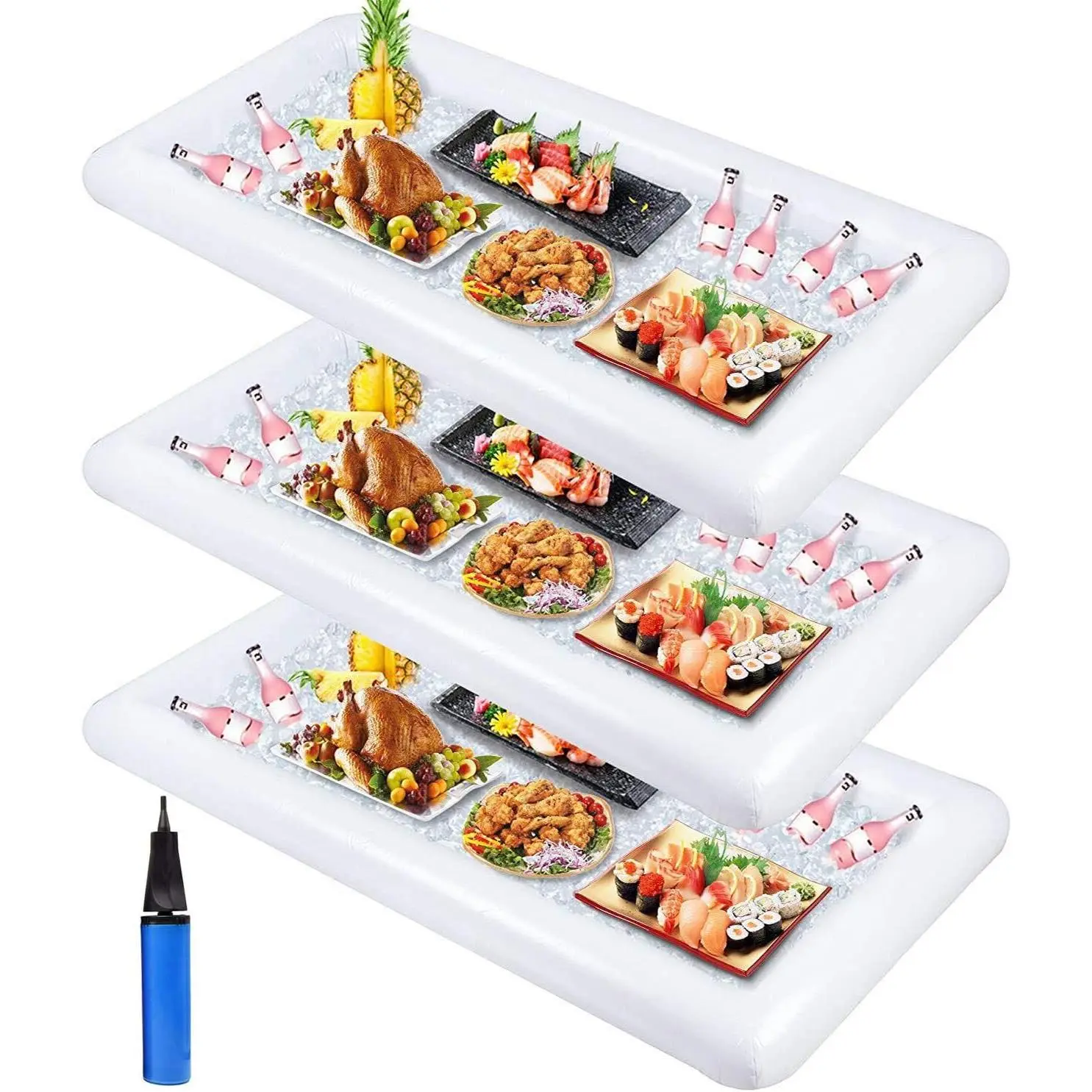 3PCS Inflatable Cooler Serving Bars Pool Party Blow Up Coolers Food Holder Ice Tray BBQs, Picnics,Buffets Indoor Outdoor Supplies with Drain Plug Hand Pump