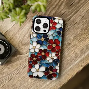 Compatible with iPhone17ProMax/16pro/15plus/14/13/S26UItra/S25/A51/S23FE | Shockproof Phone Case, Handcrafted Stained Glass Floral Pattern, Vintage Cottagecore Art Style, Practical Handheld Accessory HNL0162