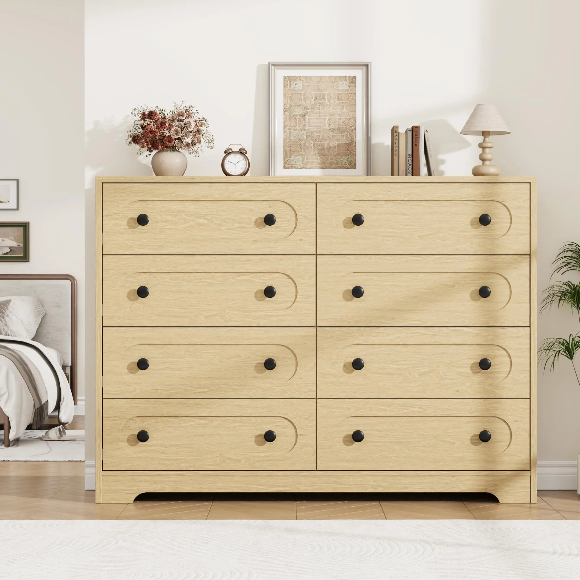 Mid Century Modern Dresser - 55" Wide Large Wooden Chest with 7 & 8 Deep Drawers, Metal Knobs, Ideal Clothes Storage, Boho & Vintage Style - Natural/Walnut Finish