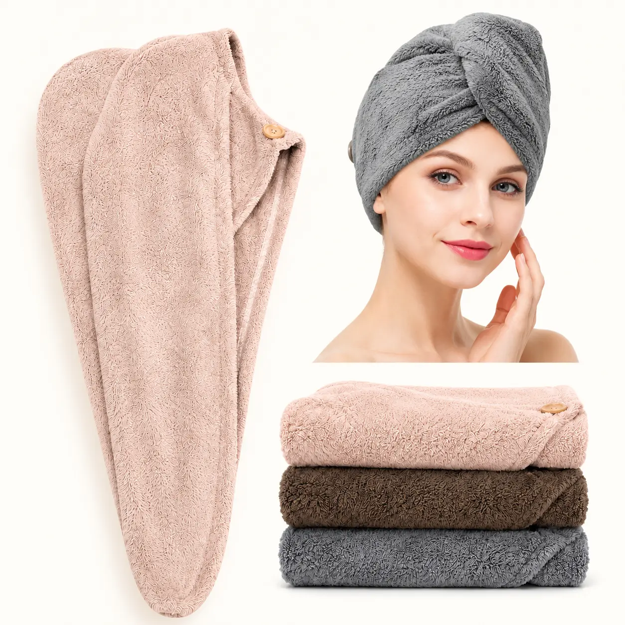 3Pcs Microfiber Hair Towel Wrap with Button, Quick Dry Hair Towel Turban for Women, Absorbent Anti-Frizz Shower Hair Wrap for Long Thick Curly Hair