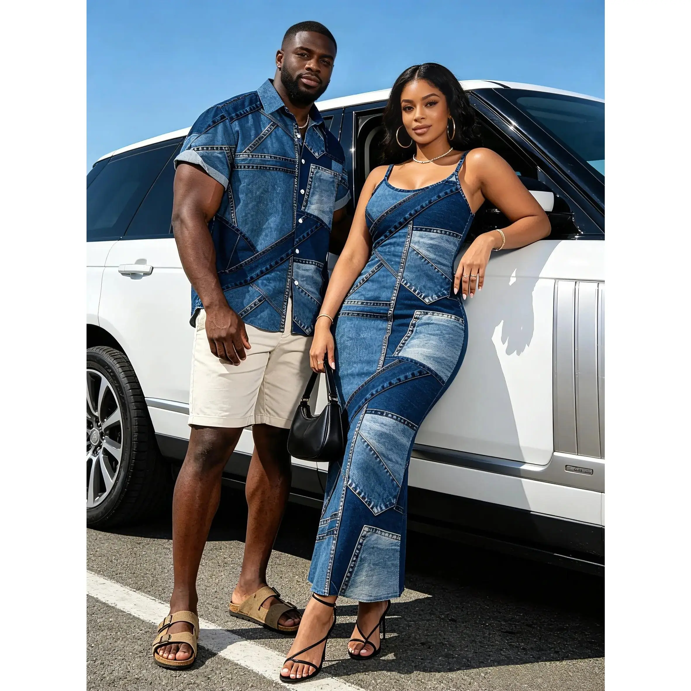 Casual Couple Outfit 3D Faux Denim Patchwork Print Spaghetti Strap Maxi Bodycon Dress and Shirt Set