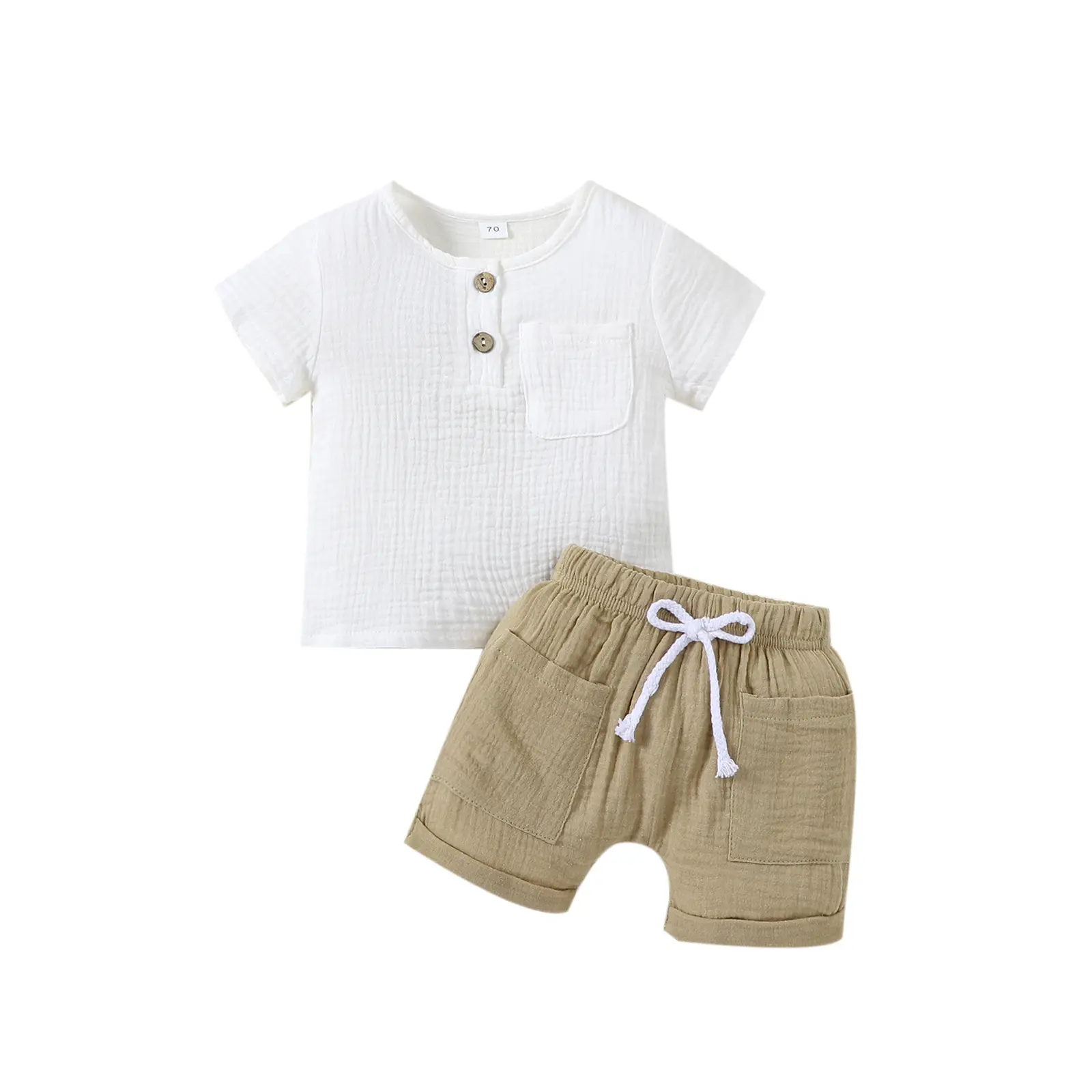 Baby 2-Piece Outfit, White Crinkle Cotton Short Sleeve Henley Top With Pocket And Khaki Drawstring Cuffed Shorts, Soft Breathable Toddler Set, Ideal For Infant Daily Loungewear And Outdoor Activities