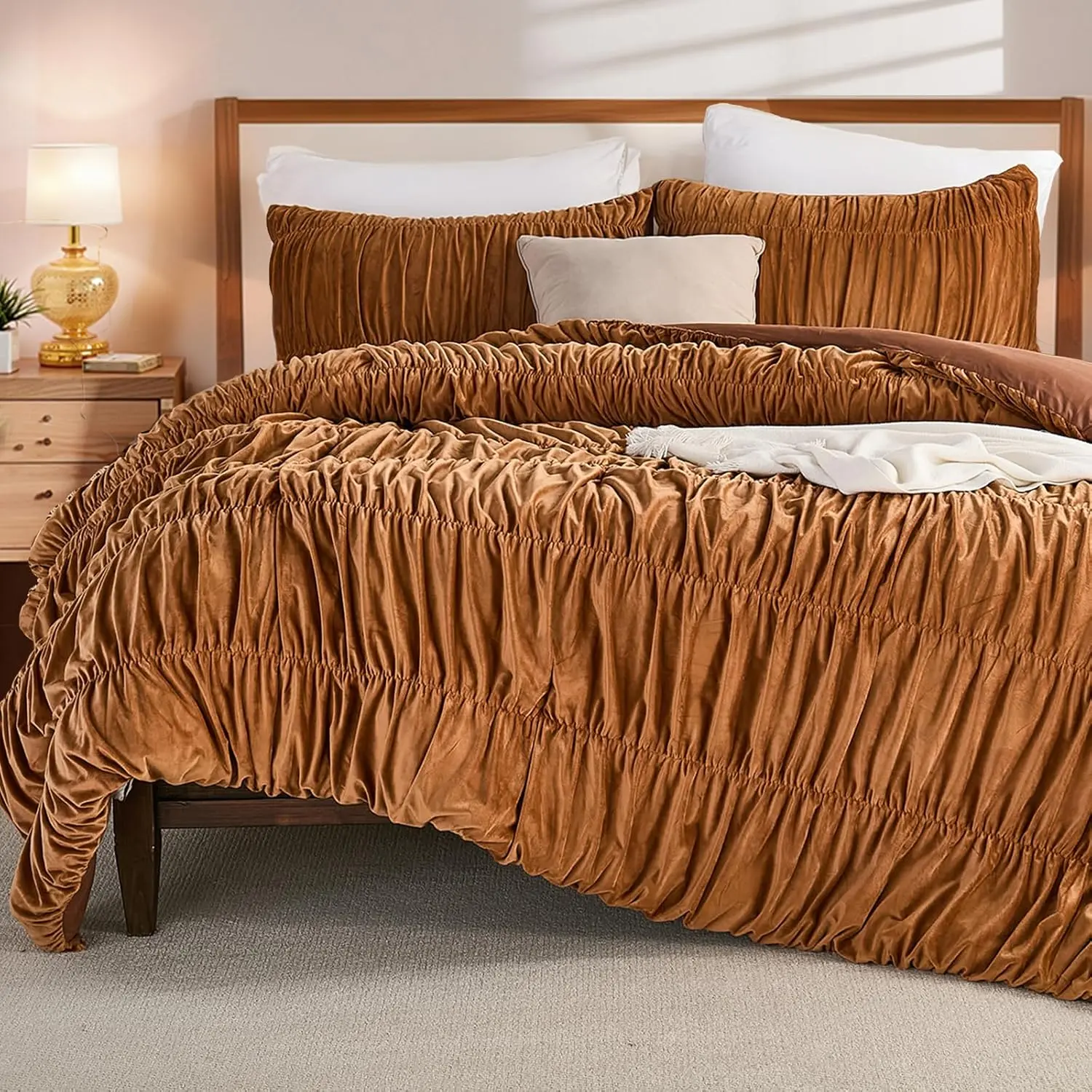 Ruched Comforter Set  Size,Boho Shabby Chic Bedding Comforter,Ultra Soft Burnt Orange  Bedding Set Full Size,  Lightweight  Comforter Bed Set 3 count