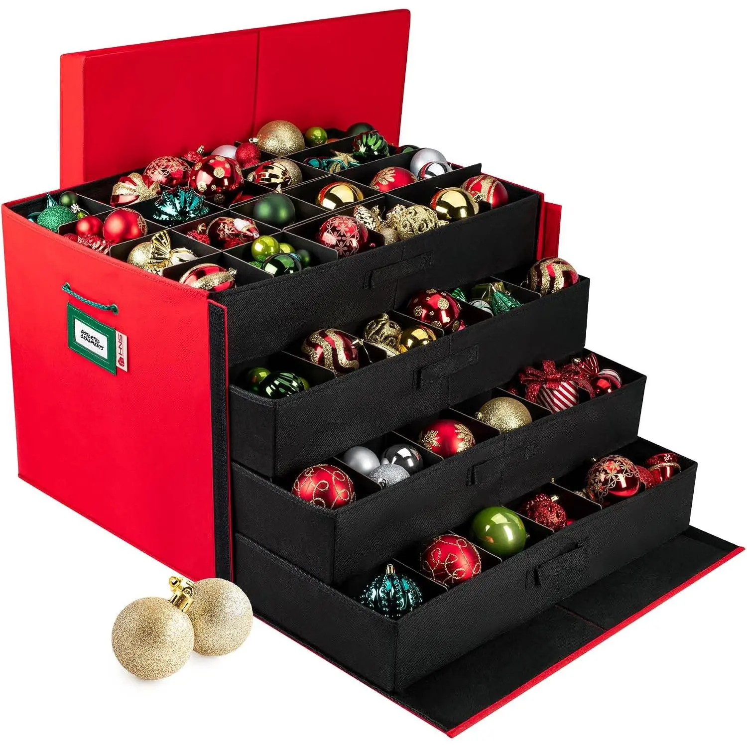 Red Modern Christmas Ornament Organiser Box with Dividers - 4 Trays, Stores Up to 96 3-in Large Christmas Balls (Home Storage Bin for Holiday Decor)