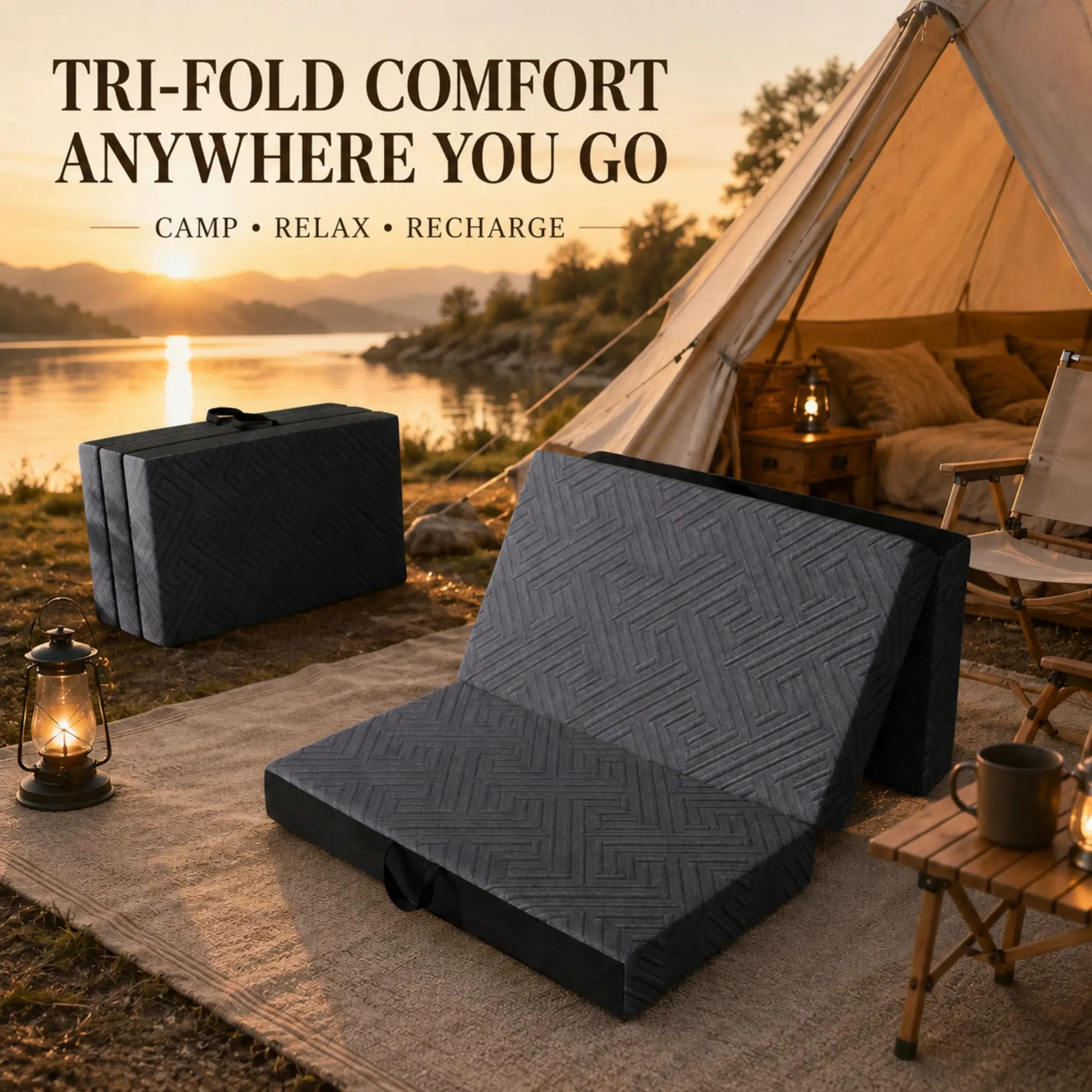 Tri Fold Camping Mattress, 4/6 Inch Gel Memory Foam Folding Sleeping Pad with Washable Cover, Portable RV Mattress with Carry Handle & Non Slip Bottom, Comfortable Floor Bed for Tent Camping, Travel, Guests and Outdoor Adventures