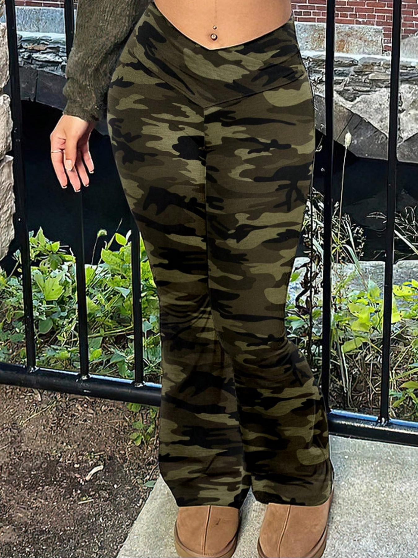 Women's Camo Slim-Fit Flare baggy leggings, Cross Waistband, High-Waisted Comfortable Casual Style Trousers, Fashionable Daily Wear Camouflage Print