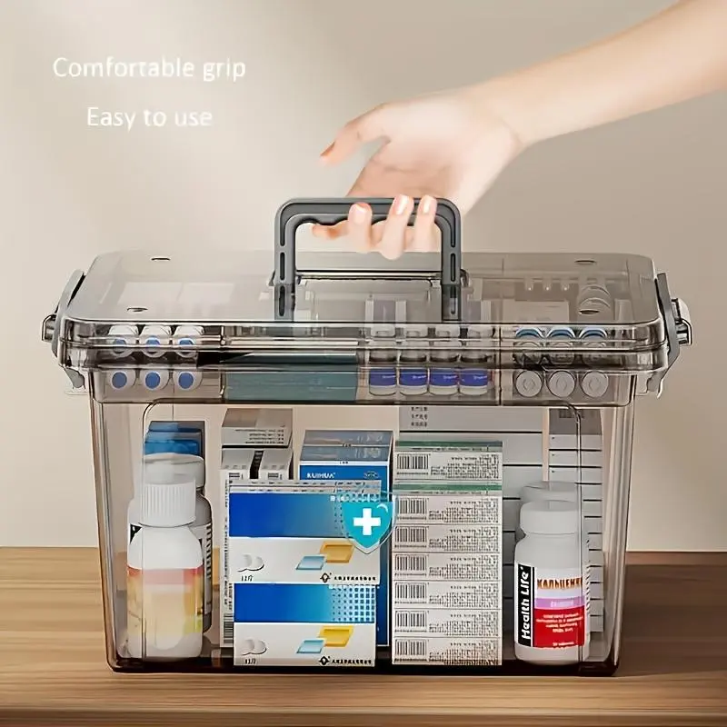 Durable Dual-Layer Medicine Storage Box with Handle, Transparent Waterproof Design, Multiple Compartments for Home & Travel Use, Clear Storage Box, Divided Compartments Organiser