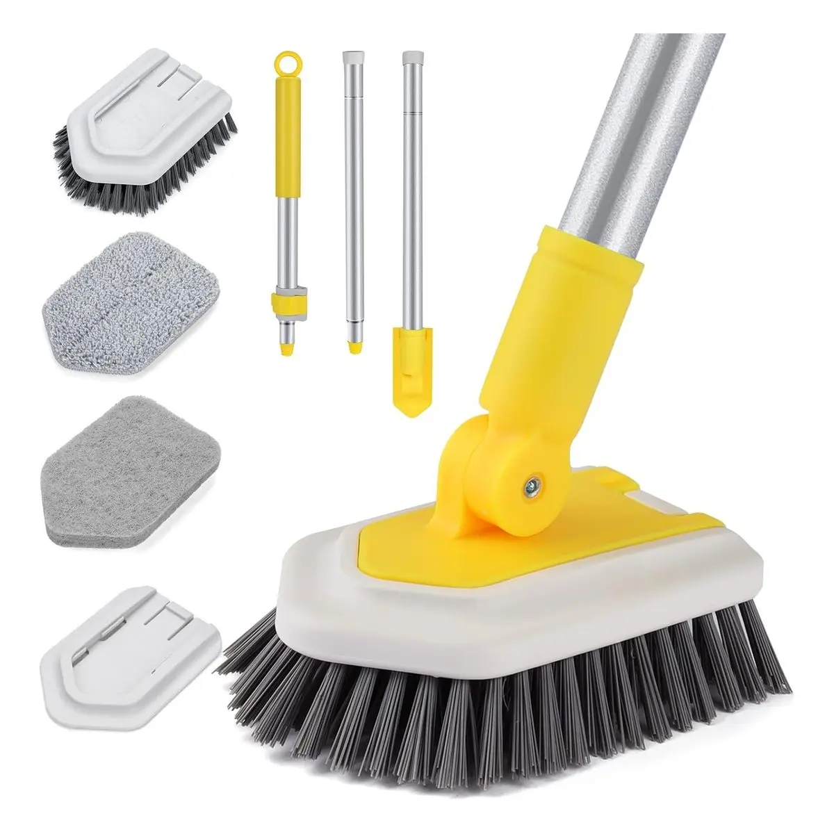 3-in-1 Detachable Bathtub Cleaner Brush with Locking Head, 31.5’’ to 50’’ Extendable Handle, Stiff Bristles, Scouring Pads & Microfiber, Floor Cleaning Tool with Hook for Bathroom Tub Tile