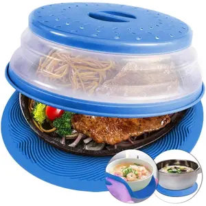 2 in 1, Microwave Splatter Cover for Food & Silicone Microwave Mat, Mat as Bowl Holder, Trivet, Pot Holders, Drying, Baking, Utensils Rest for Kitchen Counter, Dishwasher Safe, Blue