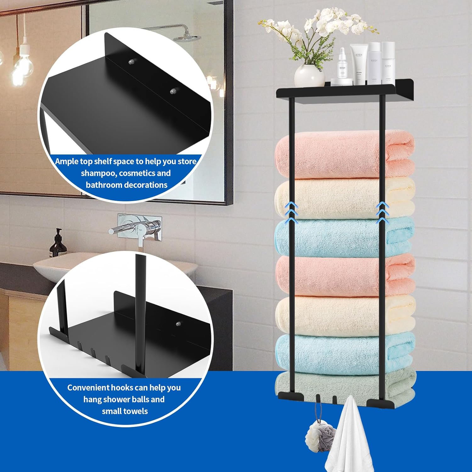 Hommtina Black Retractable Height Metal Towel Rack with Reliable Hooks for Rolled Towel Storage and Bathroom Wall Mounting - Large-Capacity, Rust-Proof, Durable Shower Organizer