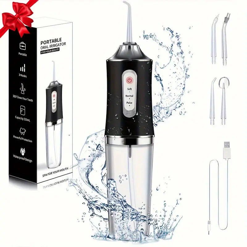 Portable Electric Water Dental Flosser, 3 Modes Deep Clean Oral Care, USB Rechargeable Battery, 230ML Large Capacity, 4 Interchangeable Nozzles, Adjustable Oral Irrigator