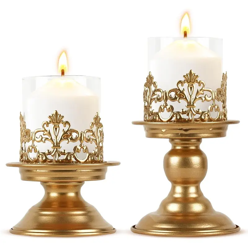 2PC Gold Candle Holders for Pillar Candles Gothic Metal Candlestick Holders with Glass Sleeve for Dining Table Centerpiece Home Decor Candle Stands Home Decoration