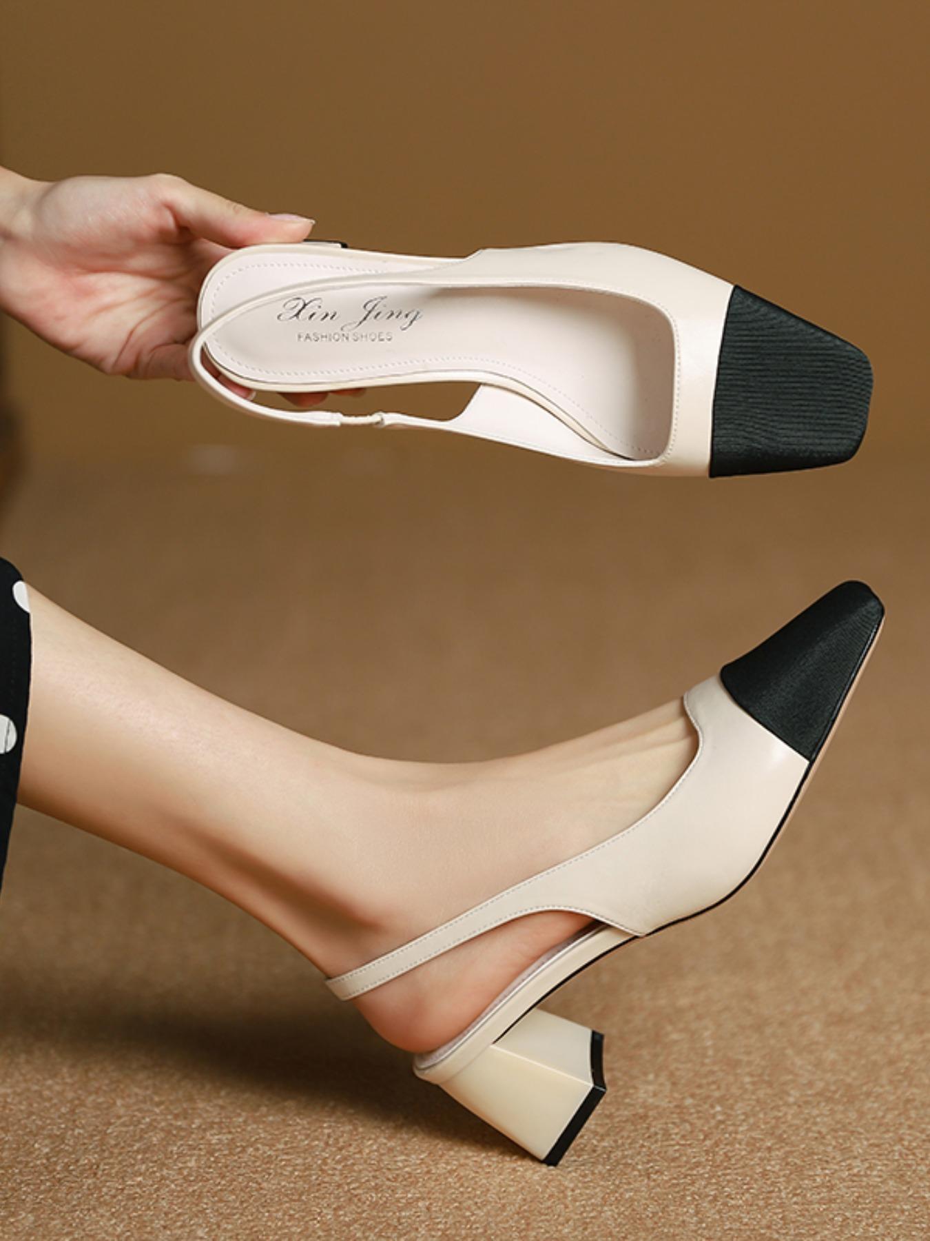 Women's Summer 2024 Colorblock Patchwork High Heel Sandals, Elegant Square Toe Heel Sandals for Party, Daily Clothing Decor, Two Tone Thick-heeled Sandals, Elegant Party Shoes