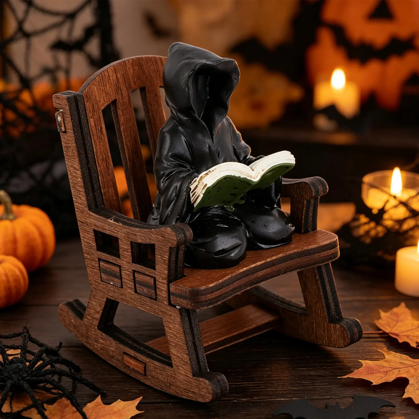 Handmade DIY Wooden Mini Rocking Chair with Resin Faceless Grim Reaper Reading Statue, Gothic Halloween Desktop Miniature Decor