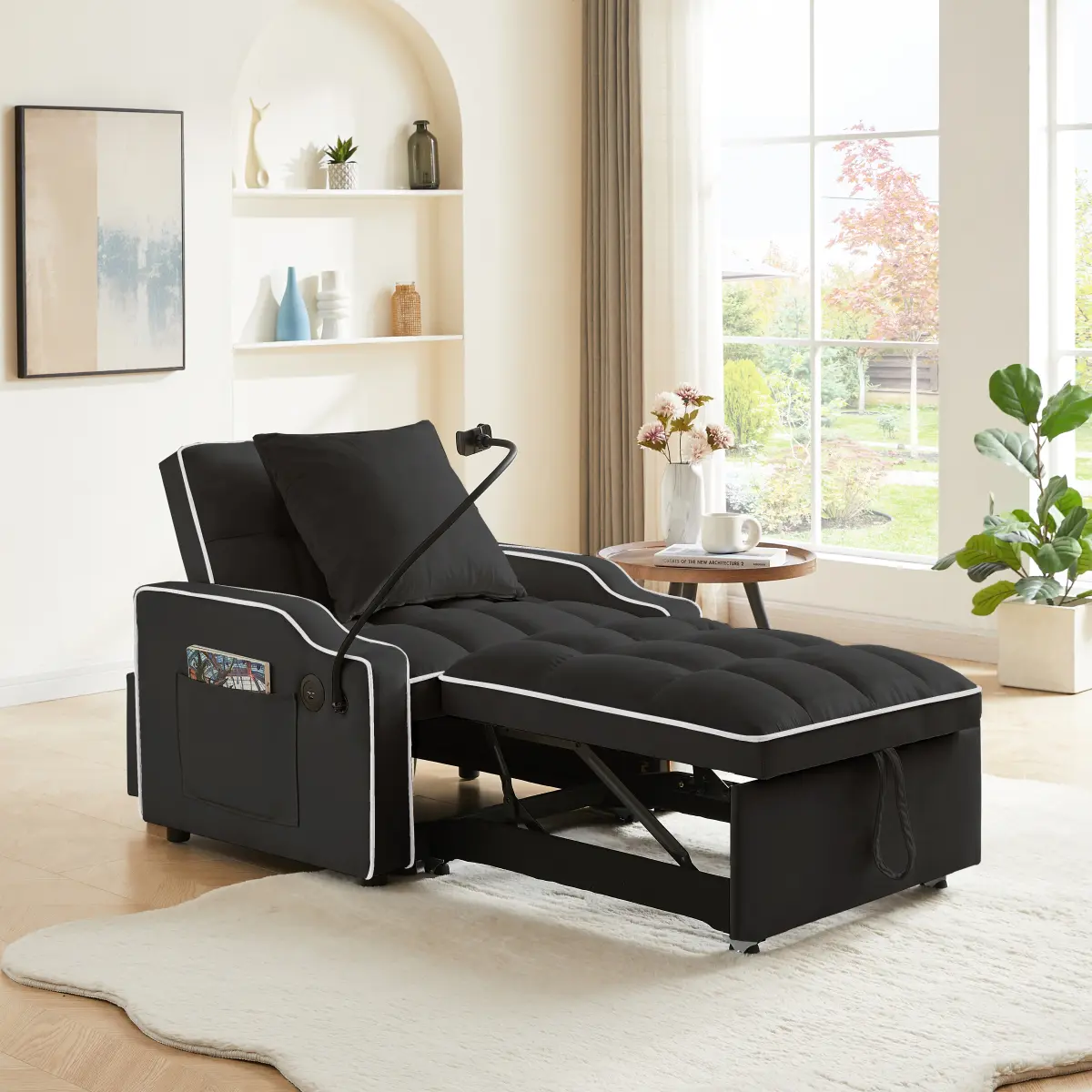 Fahuac Small Velvet Fabric 3-in-1 Convertible Sleeper Sofa Chair Bed - Compact Space-Saving Furniture with Flat Bed, Sponge, Adjustable Multi-Angle Recliner, Fixed Arms, USB-Type-C Ports, Phone Holder, 10-Minute Easy Assembly, for Living Room