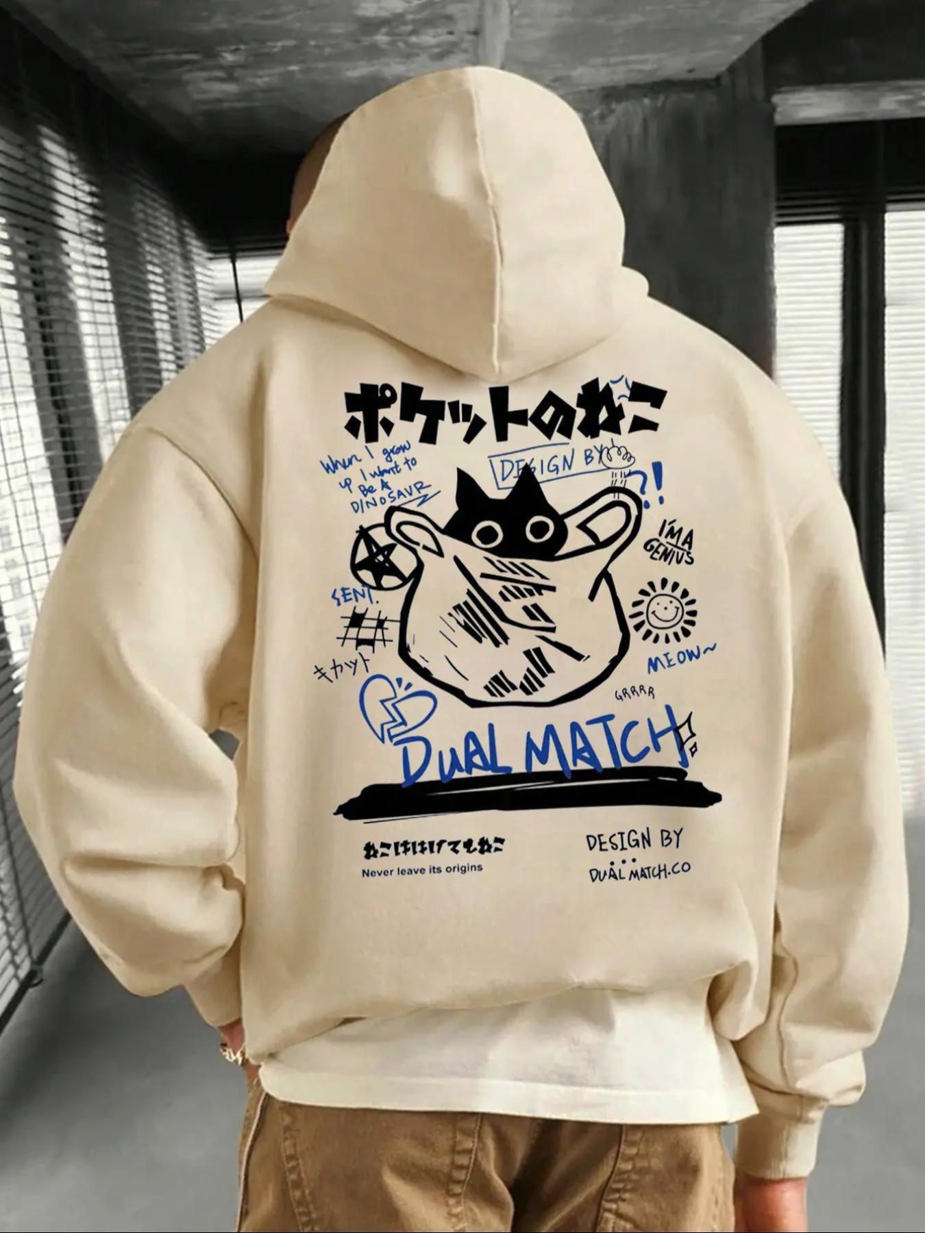 Men's Cartoon Cat & Letter Print Drawstring Thermal Lined Hoodie, Casual Regular Fit Long Sleeve Pocket Hooded Sweatshirt for Fall & Winter, Men's Clothes for Daily Wear