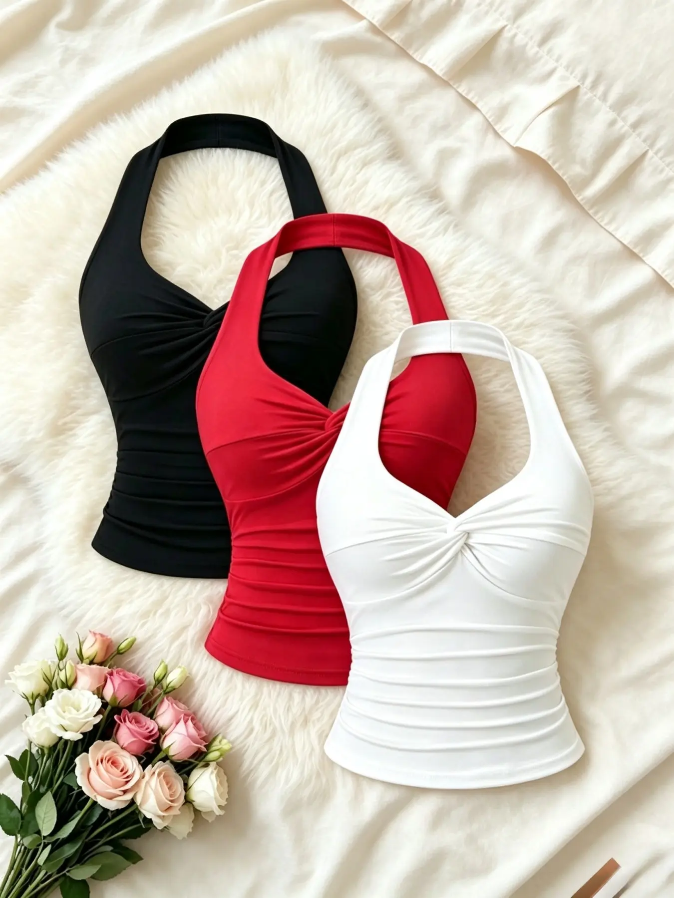 Women's Three-Piece Set, Casual Knitted Halter Neck Sleeveless Top, Chest Knot Design, Waist Cinch, Slimming Pleated Shirt, Solid Color Fashion