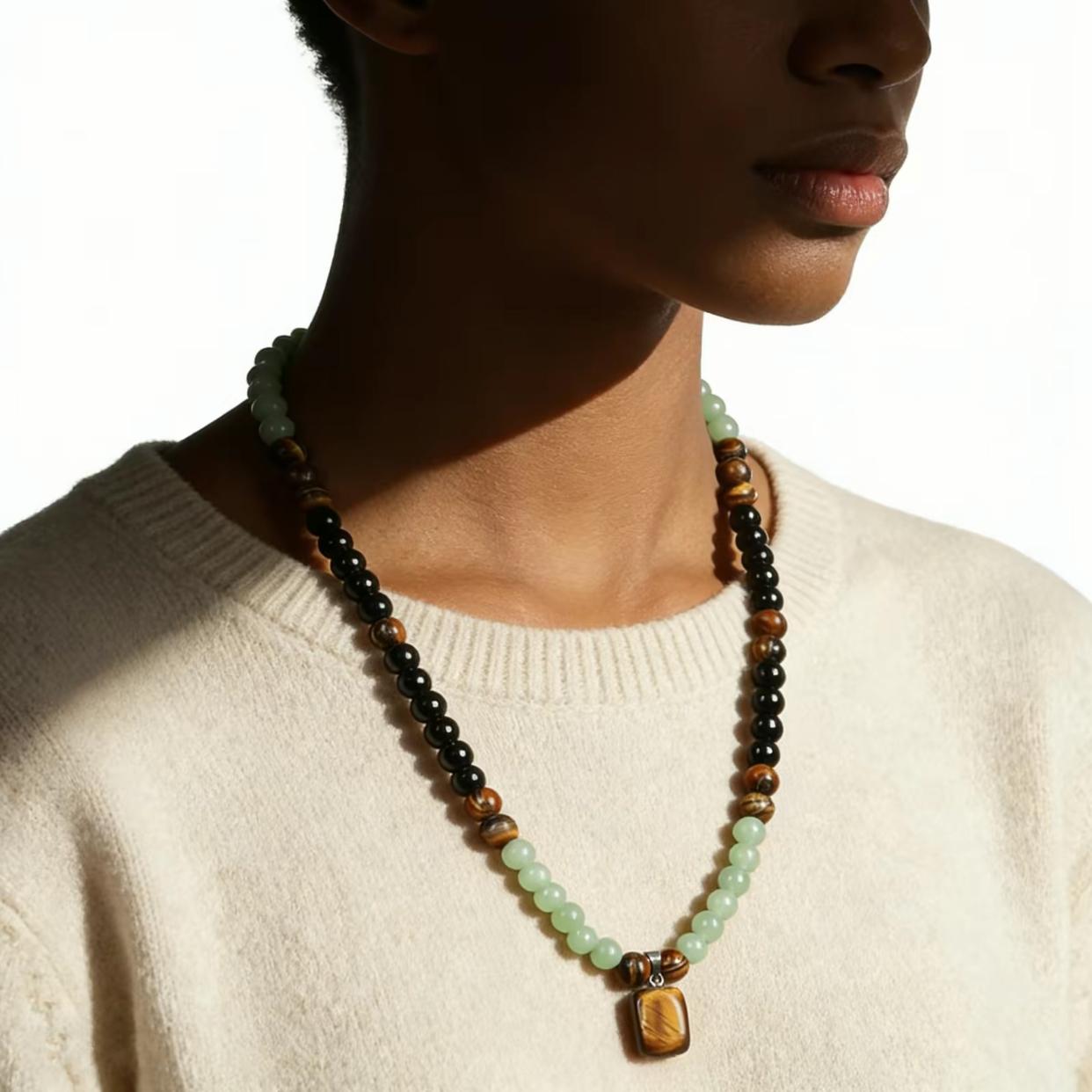 Green Aventurine & Tiger Eye Money Attraction Necklace, Natural Healing Crystal Pendant for Wealth & Prosperity, Long Chain Sweater Necklace, Ideal Gift Jewelry for Men and Women, Jewelry Charms for Anniversary, Vacation &Theme Parties