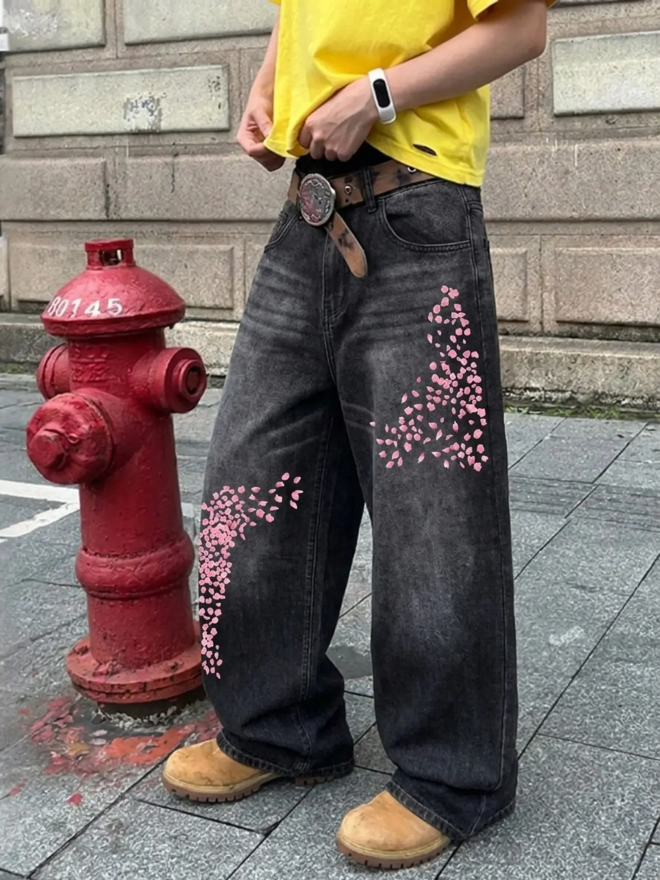 Men's Vintage Washed Cherry Blossom Print Wide Leg Jeans, High Waist Loose Fit, Casual Long Pants for All Seasons