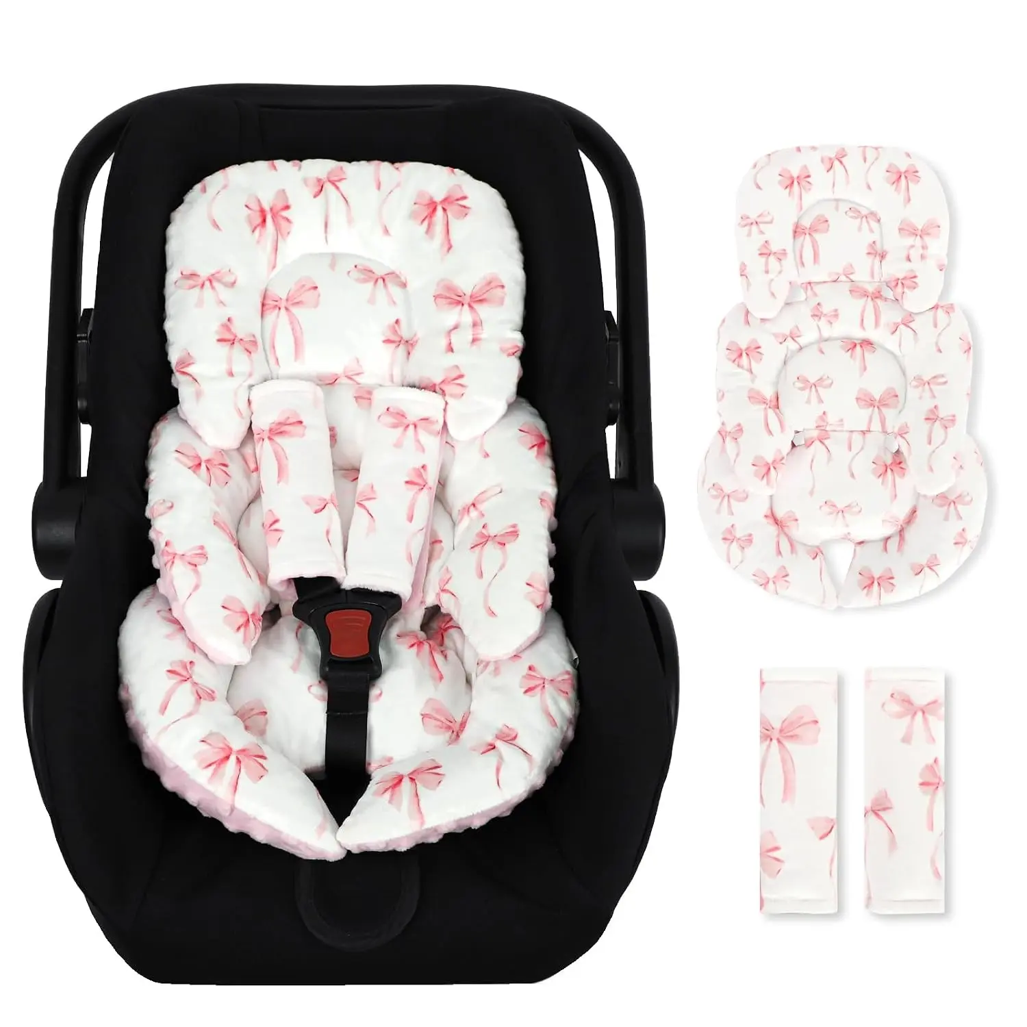Reversible Baby Items Infant Newborn Car Seat Insert Cushion - Baby Head & Body Support with 2 Extra Strap Paddings, Premature-Friendly, Pink Bow