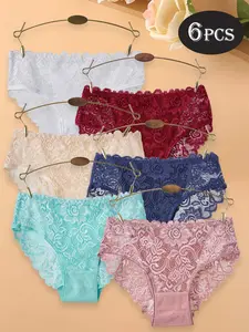 6 Pcs Hollow Out Ruched High Waist Lace Shorts, Semi-Transparent Floral Soft Lace Cut, Stretch Fit Non-Slip, Yoga Fitness Commute