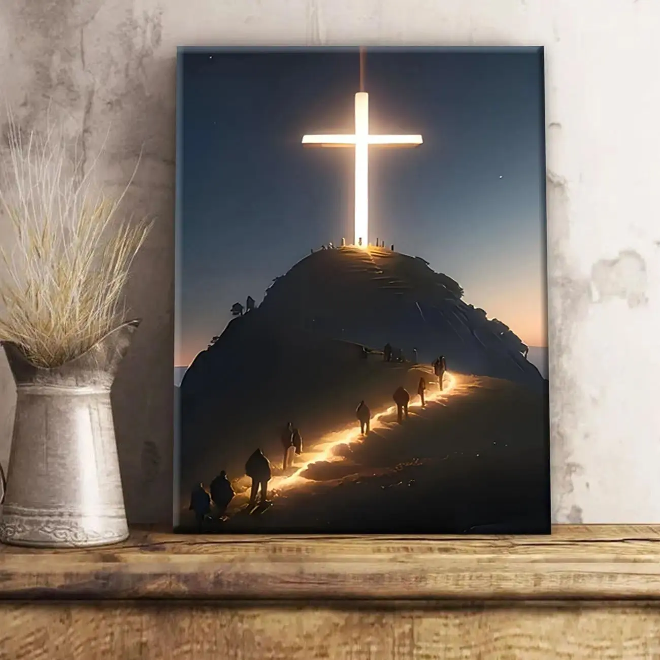 Glow in the Dark Jesus Cross Canvas Wall Art with Pine Wood Frame, Luminous Christian Artwork, Modern Home Decor for Living Room & Bedroom