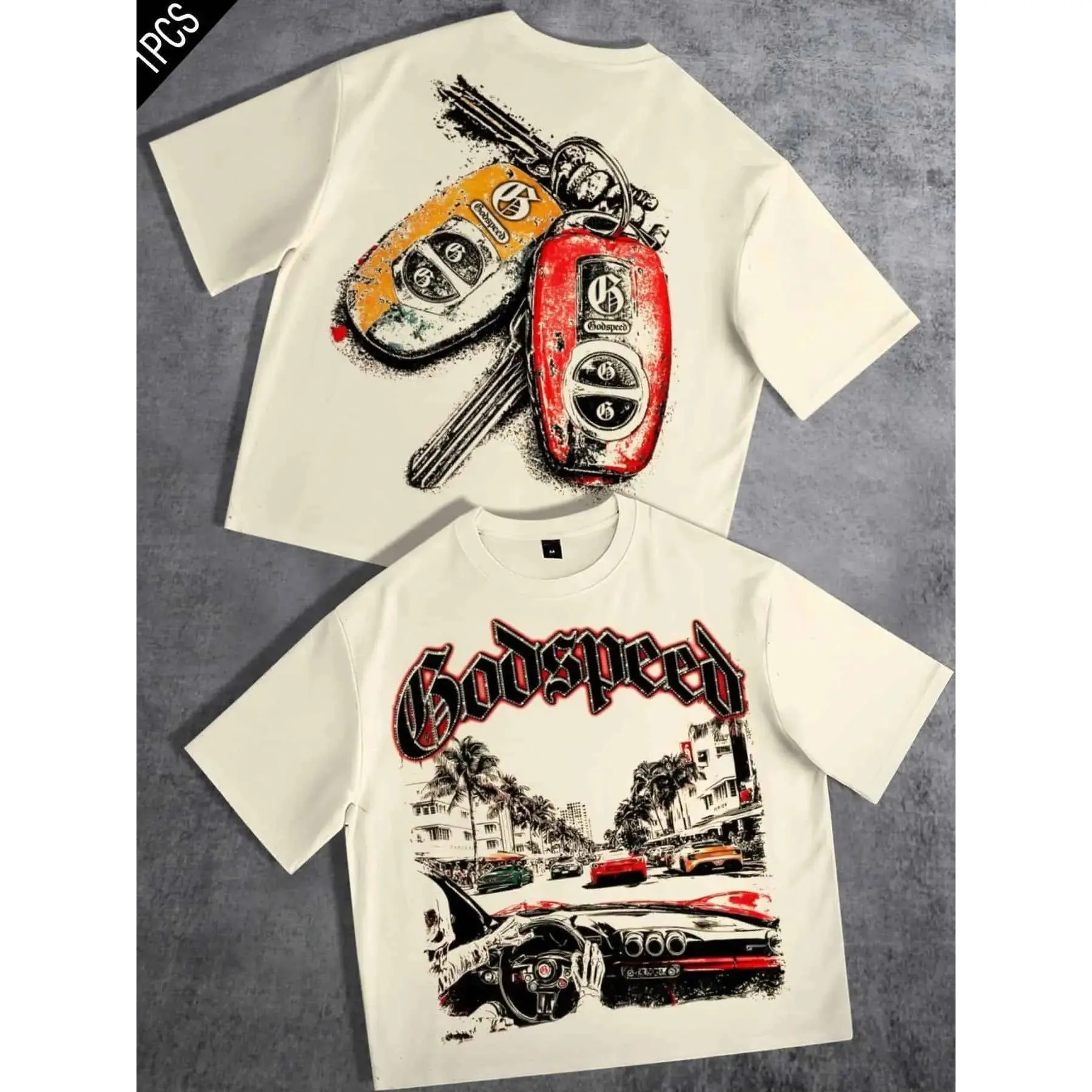 Godspeed Unisex Loose-Fit Crewneck T-Shirt – Fashion Featuring Gothic-style typography, a palm-lined street scene, a sports car, and a vintage car key graphic; double-sided print; suitable for casual, streetwear, and sporty styles.