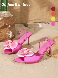 Women's 3D Orchid Flower Satin Slingback Heels, 4 Colors Burgundy/Orange/Yellow/Hot Pink Square Open Toe Stiletto Pumps, Summer Beach Vacation Tropical Party Wedding Date Night Shoes