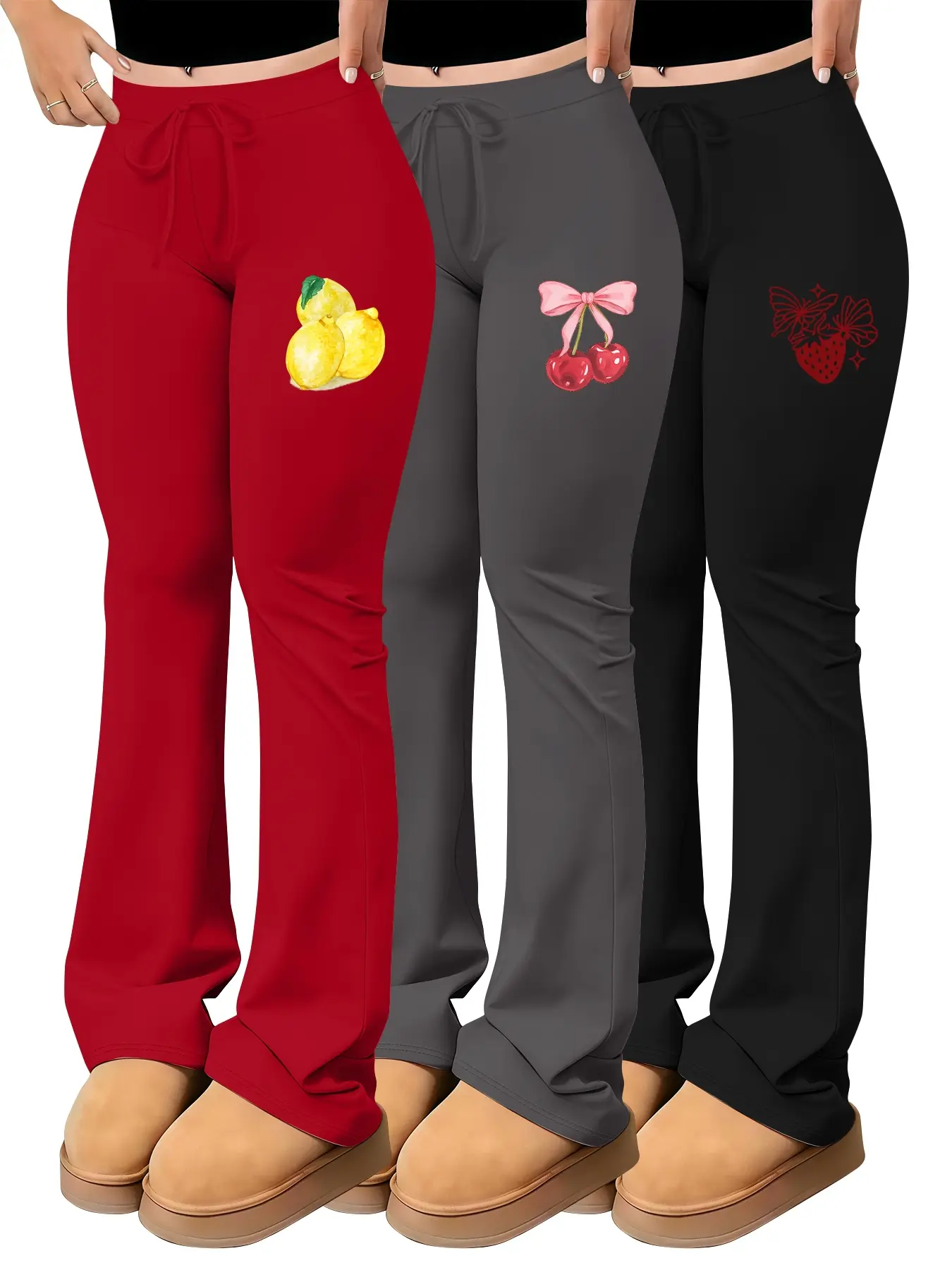 3-Piece Set Fashionable Women's Pants Set Fruit Theme Embroidery/Print Patterns Lemon Pattern Cherry Bow Pattern Strawberry Butterfly Pattern, Fresh and Sweet Style Suitable for Dailyl Wear Women's Set