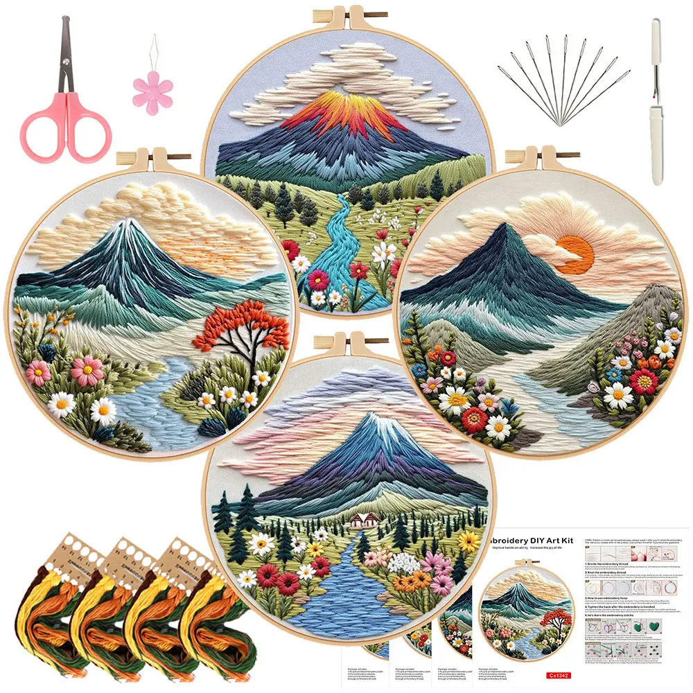4-Pack Beginner Embroidery Kit, Pre-Printed Landscape Patterns on Linen Fabric, Complete Cross-Stitch Set with Hoops & Tools for DIY Wall Decor