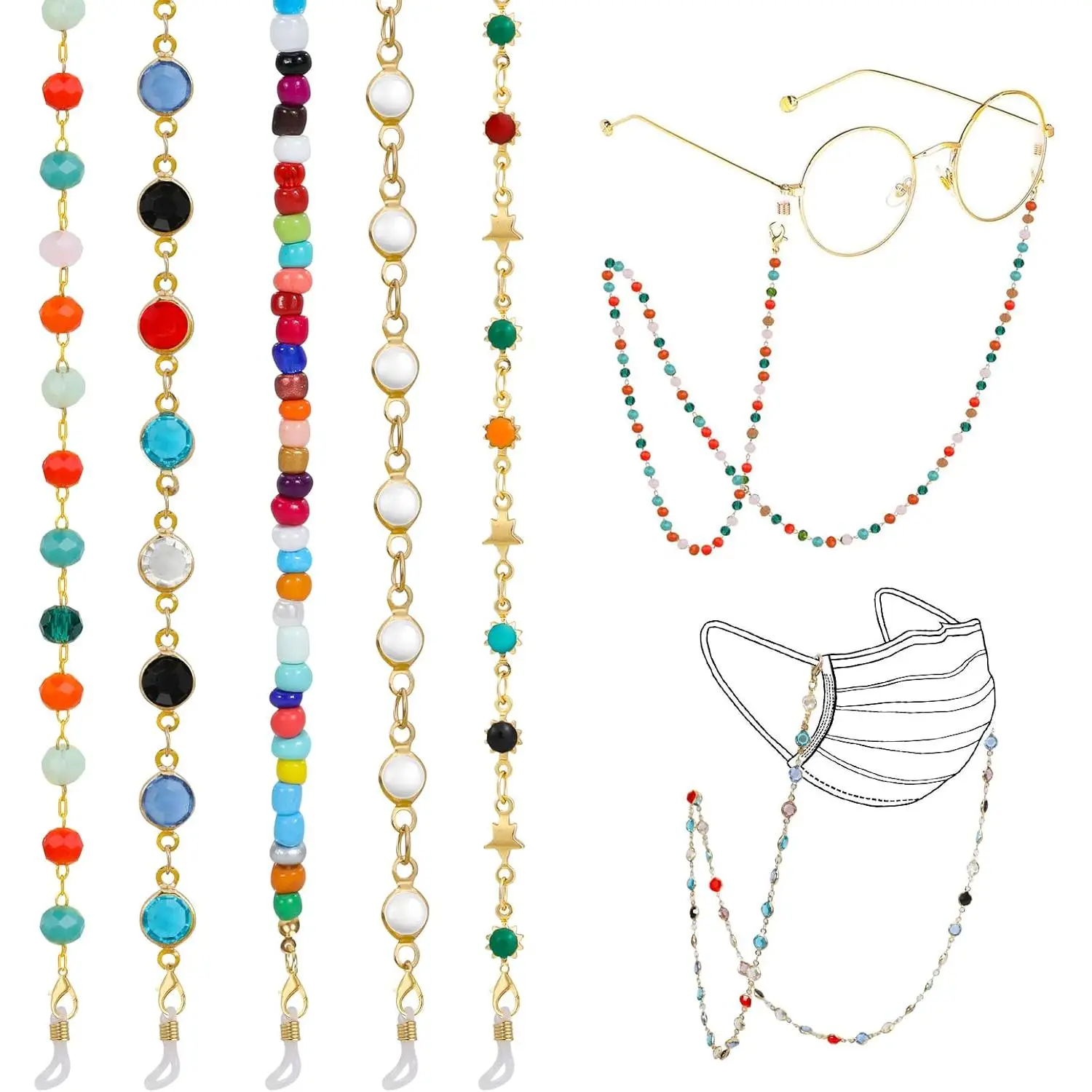 5 Pack Colorful Mix Eyeglass Chains with Crystal Beads, Gold Sunglass Holder Strap for Women, Lightweight Lanyard for Daily Use
