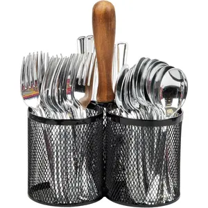 Utensil Holder, Silverware Organizer, Caddy, Cutlery Holder, Kitchen, Metal Mesh, 7.5"L x 7.5"W x 9.75"H, Black
