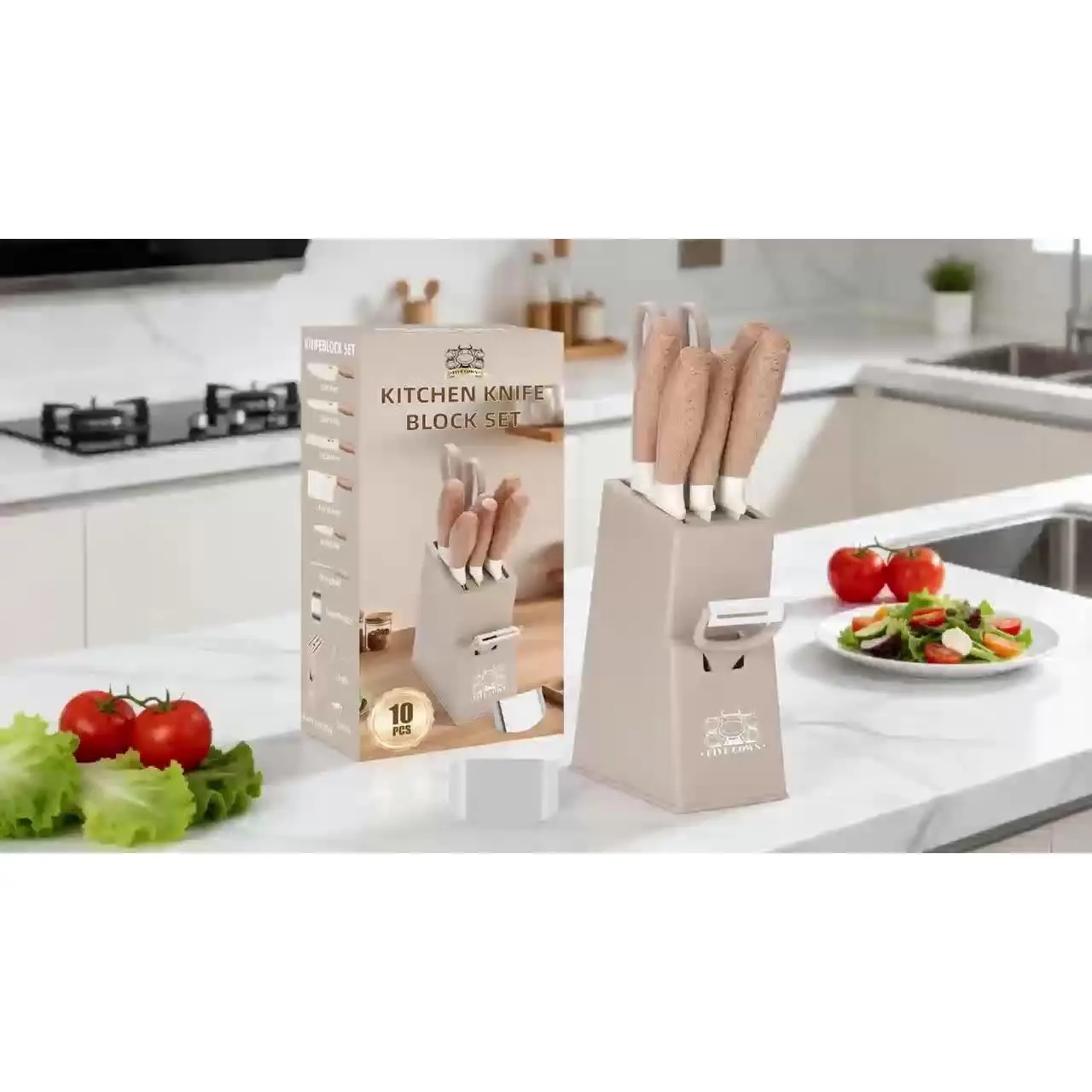 Knife Block Set: 10pcs, High-Carbon Stainless Steel, Dishwasher Safe, with Sharpening Steel & Peeler – Chef & Bread Knives, Finger Guard – Perfect Christmas Gift for Home Chefs