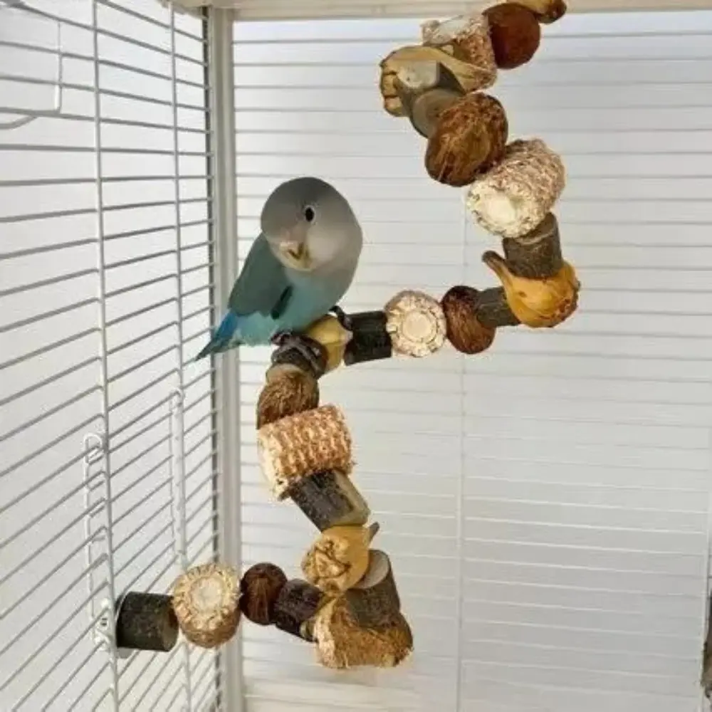Wooden Parrot Chew Toy and Climbing Ladder, Hanging Bird Cage Foraging Accessory for Interactive Enrichment