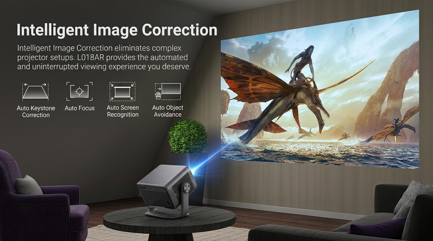 Android 14 Smart Projector 800 ANSI, Native 1080P, WiFi Bluetooth, Auto Focus/Keystone/Object Avoidance, Built-in Apps, 180 °   Gimbal Stand, 8K Home Cinema & Outdoor Gaming