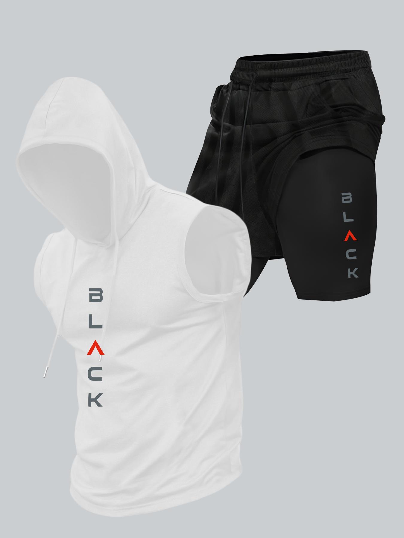 Two-Piece Set Men's Hooded Tank Top & Shorts Set, Regular Fit Casual Pullover Hoodie & Shorts, Men's Two-piece Outfits for Daily Wear, Casual Gym Wear