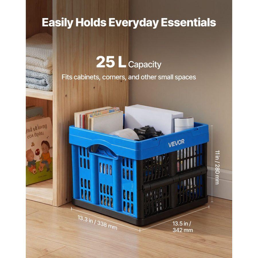 VEVOR Plastic Collapsible Storage Bins, 25L 3 Packs, Stackable Folding Storage Crates with Handles, Holds 22 lbs Per Bin, Foldable Heavy Duty Containers, Space-Saving Baskets, for Home Organizing