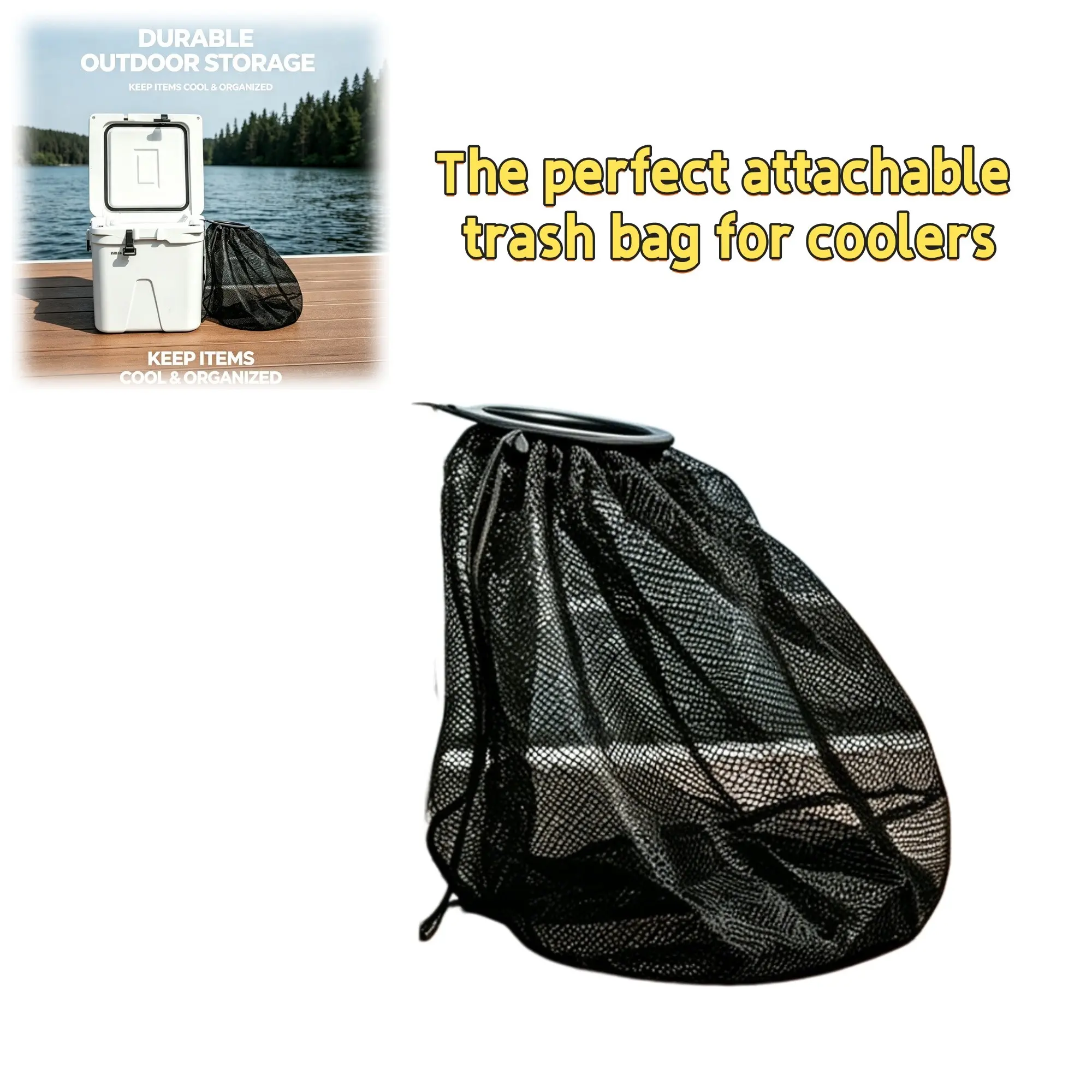Portable Cooler Mesh Trash Bag, Reusable Mesh Garbage Bag, Hanging Waste Holder with Drawstring, Drawstring Trash Bags, Ideal for Outdoor Activities, Durable Trash Bag